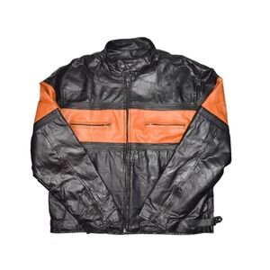 Diamond Plate Jacket Mens L Genuine Leather Motorcycle Orange Black Biker
